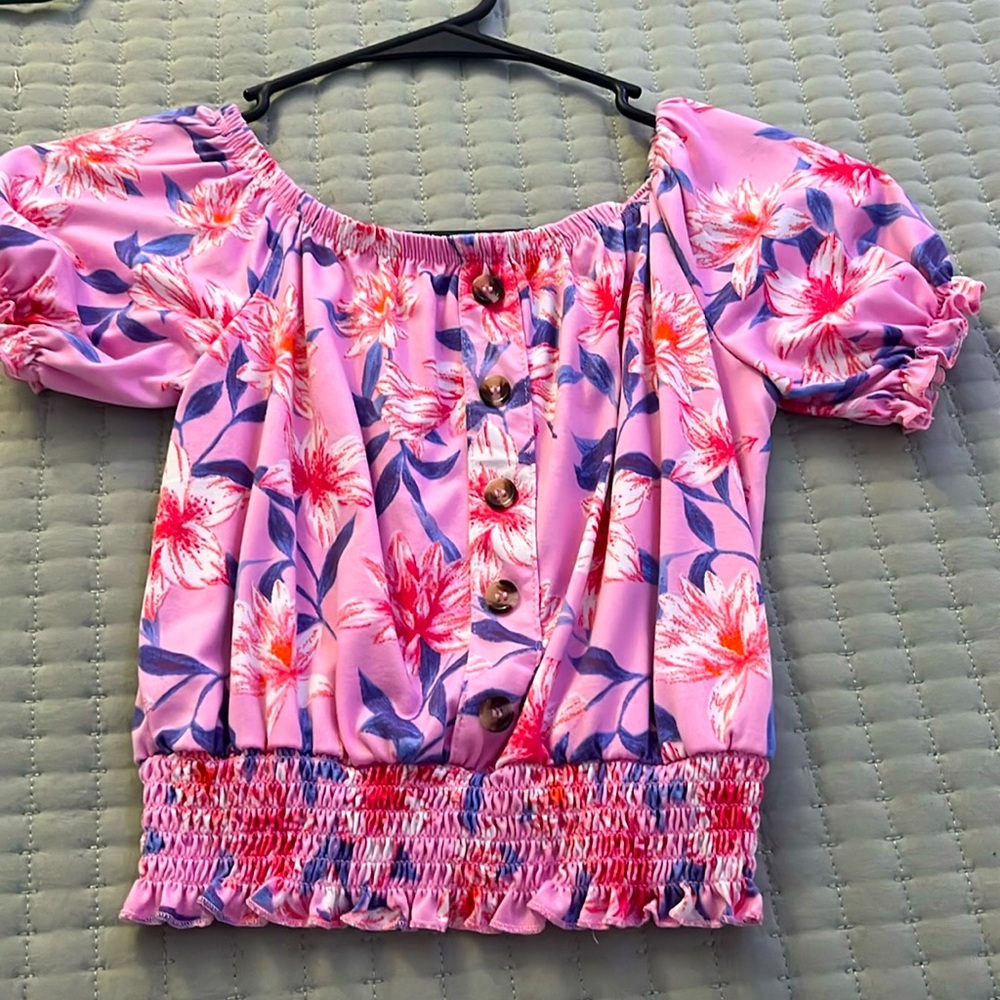 Pink crop top with pinkish reddish flower designs and blue stems